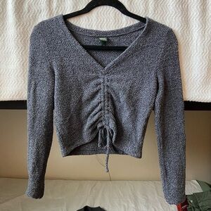 Gray V-Neck Ruched Sweater